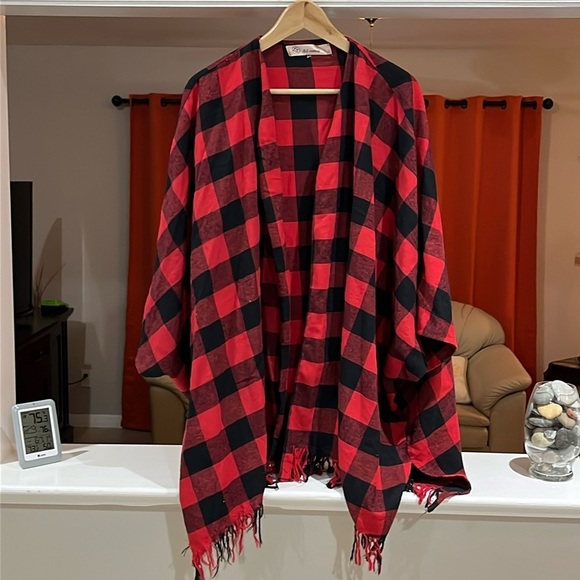 E2 Clothing Red Plaid Open Front Kimono Poncho Dolman Sleeve Women’s Size L - Picture 1 of 6